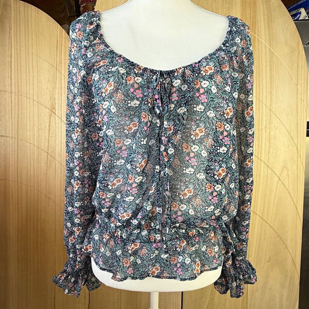 Love Tree 3X Floral Sheer Chiffon Smocked Waist Long Sleeve Peasant Top